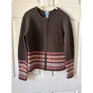 Frost Cardigan Size M Brown Lambswool Zip Sequin Embellished Boho Winter Cottage